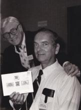 Johhn Denune at 1981 Precancel Stamp Show in Columbus, OH with local newsman, Pill Pepper